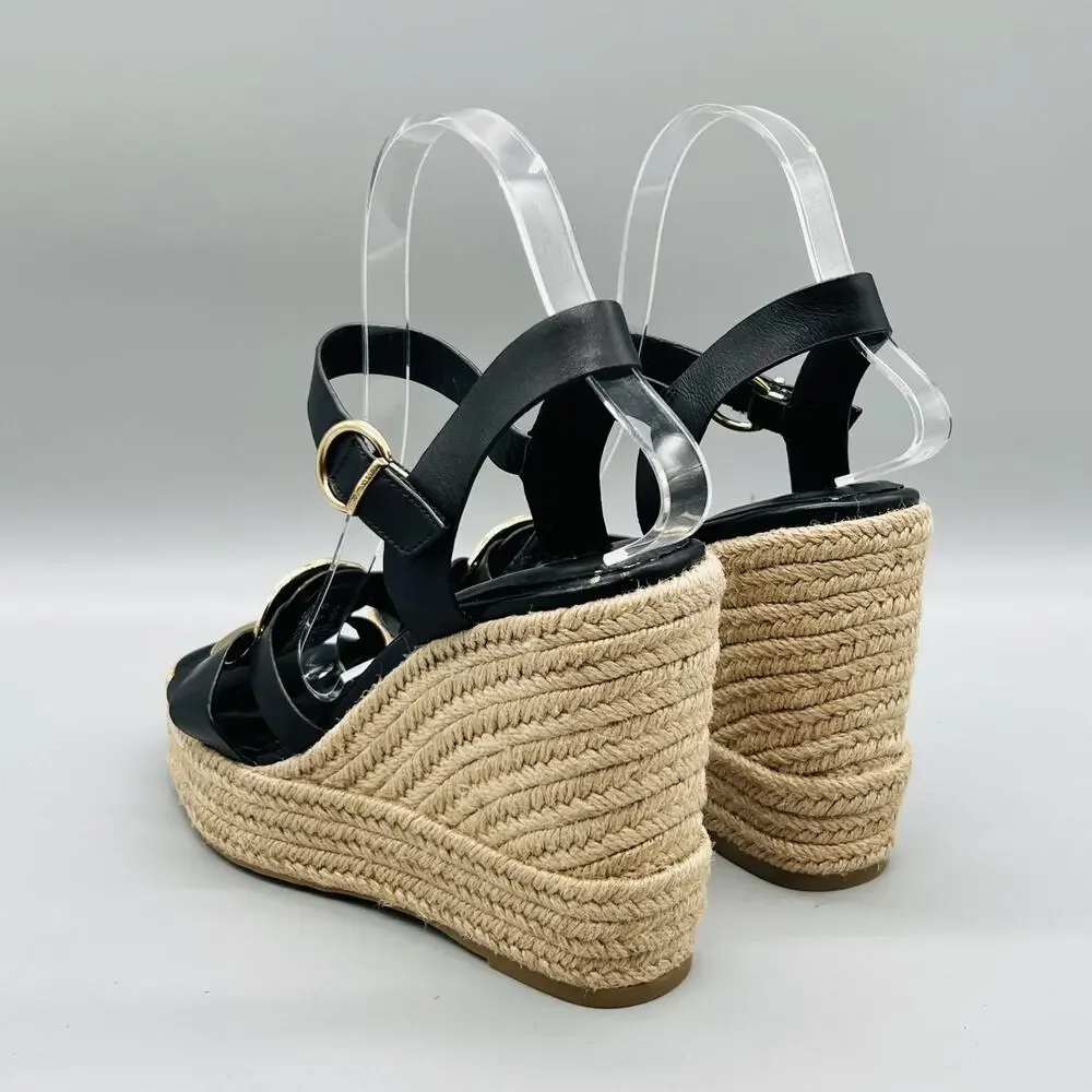 Tamaris Sandals Womens 7 Black Leather Espadrille Wedge Ankle Strap Casual Shoes